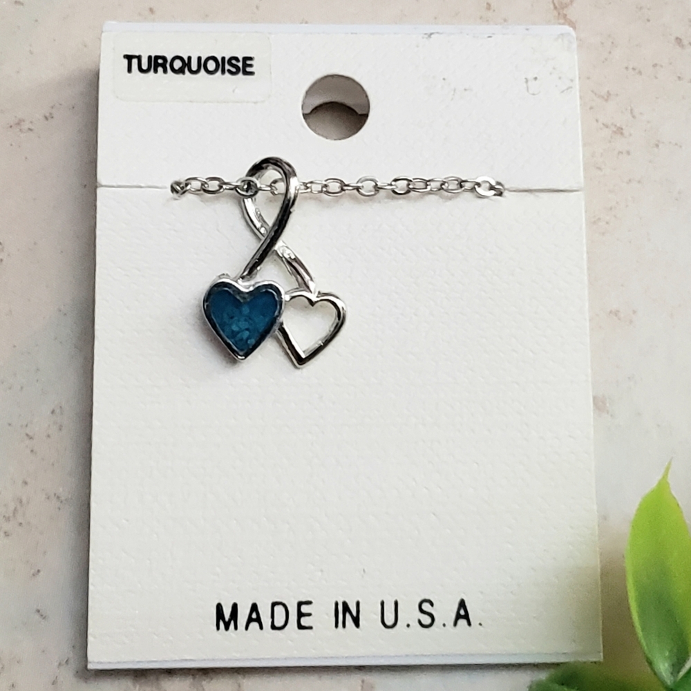 ⚠️SALE⚠️ New Turquoise Inlay Double Heart Pendant With Chain Necklace - Picture 2 of 7